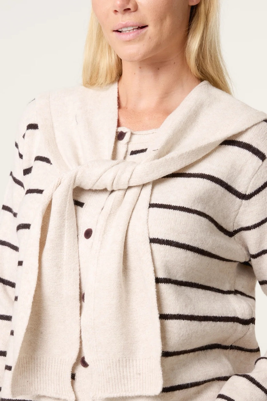 Striped Tie-Neck Scarf Cardigan - Navy (2)
