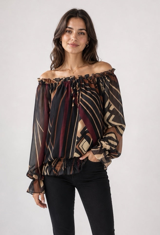 Patterned Off-the-Shoulder Ruffle Blouse - Black