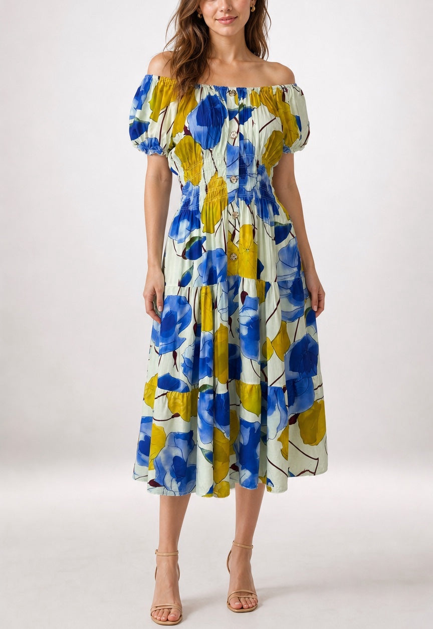 Off-the-Shoulder Shirred Puff Sleeve Midi Dress - Blue