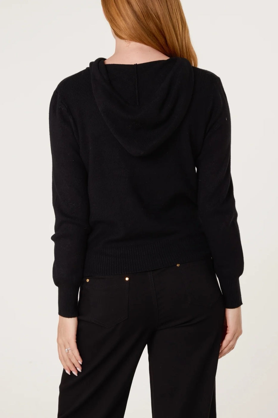 Knitted Hoodie Cardigan with Contrast Buttons - Black (2)