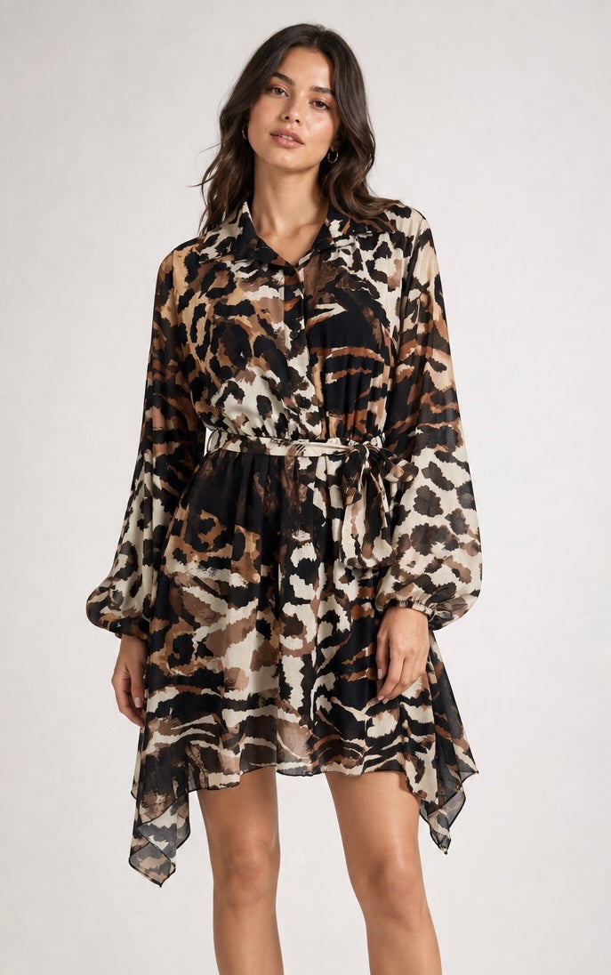 Animal Print Wrap Dress - Black