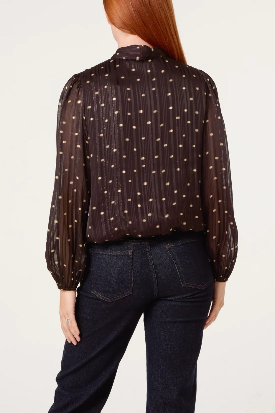 Pussy-bow Blouse with Shimmering Detail - Brown (2)