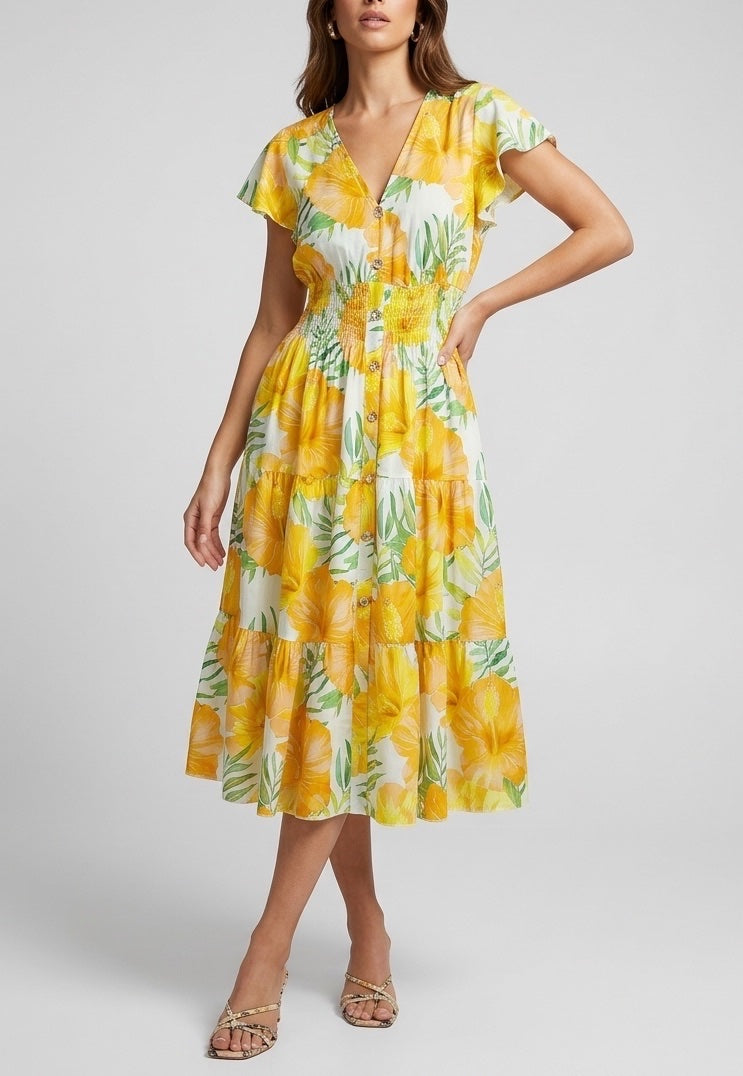 Tiered Flutter Sleeve Midi Dress - Lemon