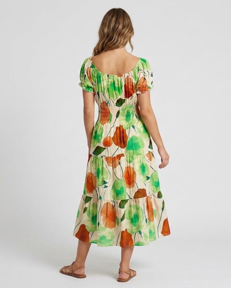 Off-Shoulder Floral Tiered Midi Dress - Light Green (2)