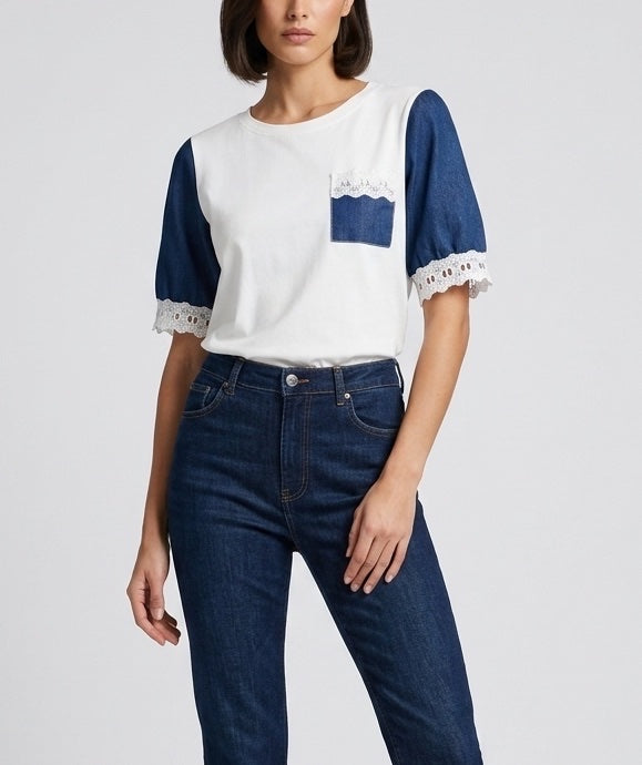 Contrast Panel T-Shirt with Lace Trim - White