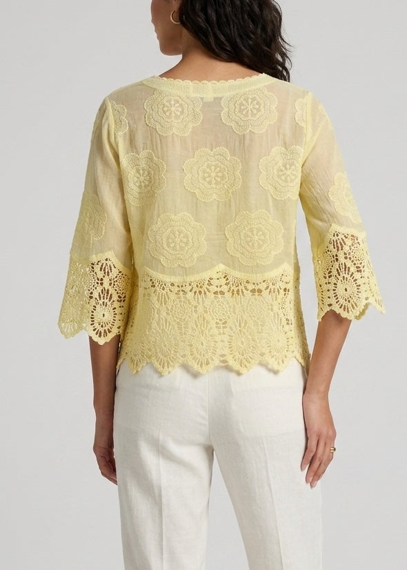 Embroidered Lace-Trimmed Blouse - Lemon (2)