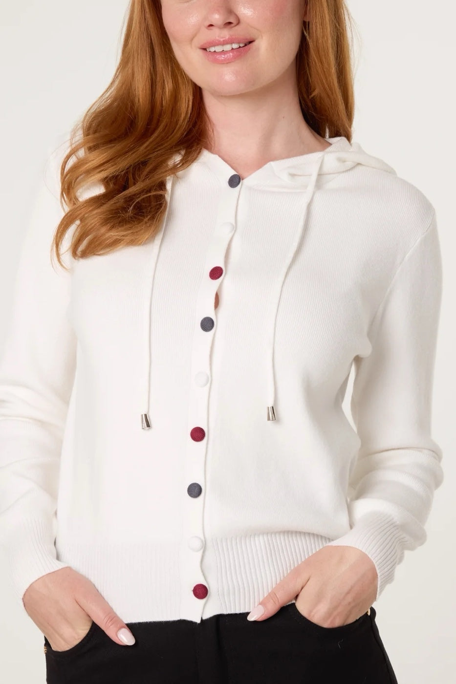 Knitted Hoodie Cardigan with Contrast Buttons - Chocolate