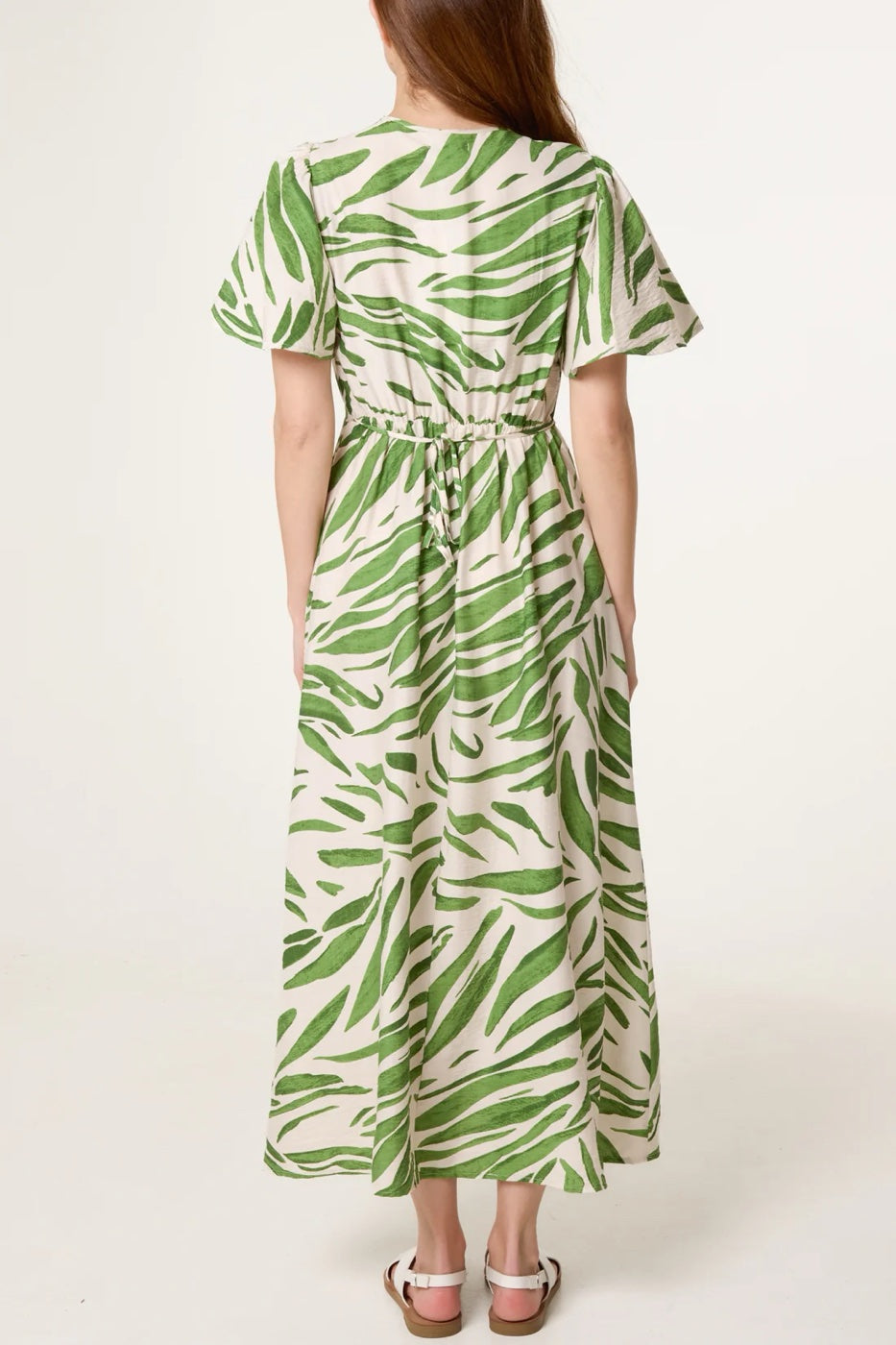 Abstract Print Maxi Dress with Flutter Sleeves - Green