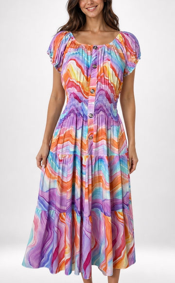 Tiered Maxi Dress with Shirred Bodice 958-J10 - Multi