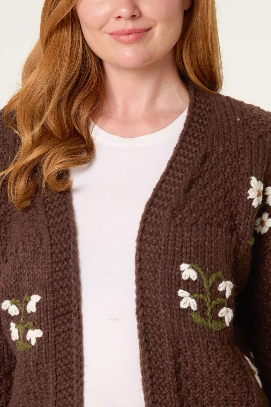 Embroidered Floral Knit Cardigan - Chocolate