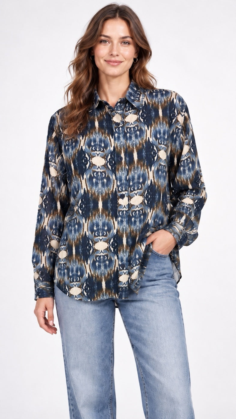 Abstract Print Button-Down Blouse - Blue