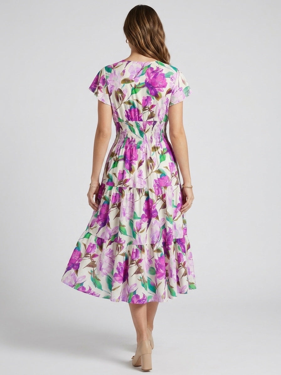 Floral Tiered Midi Dress with Flutter Sleeves - Purple (2)