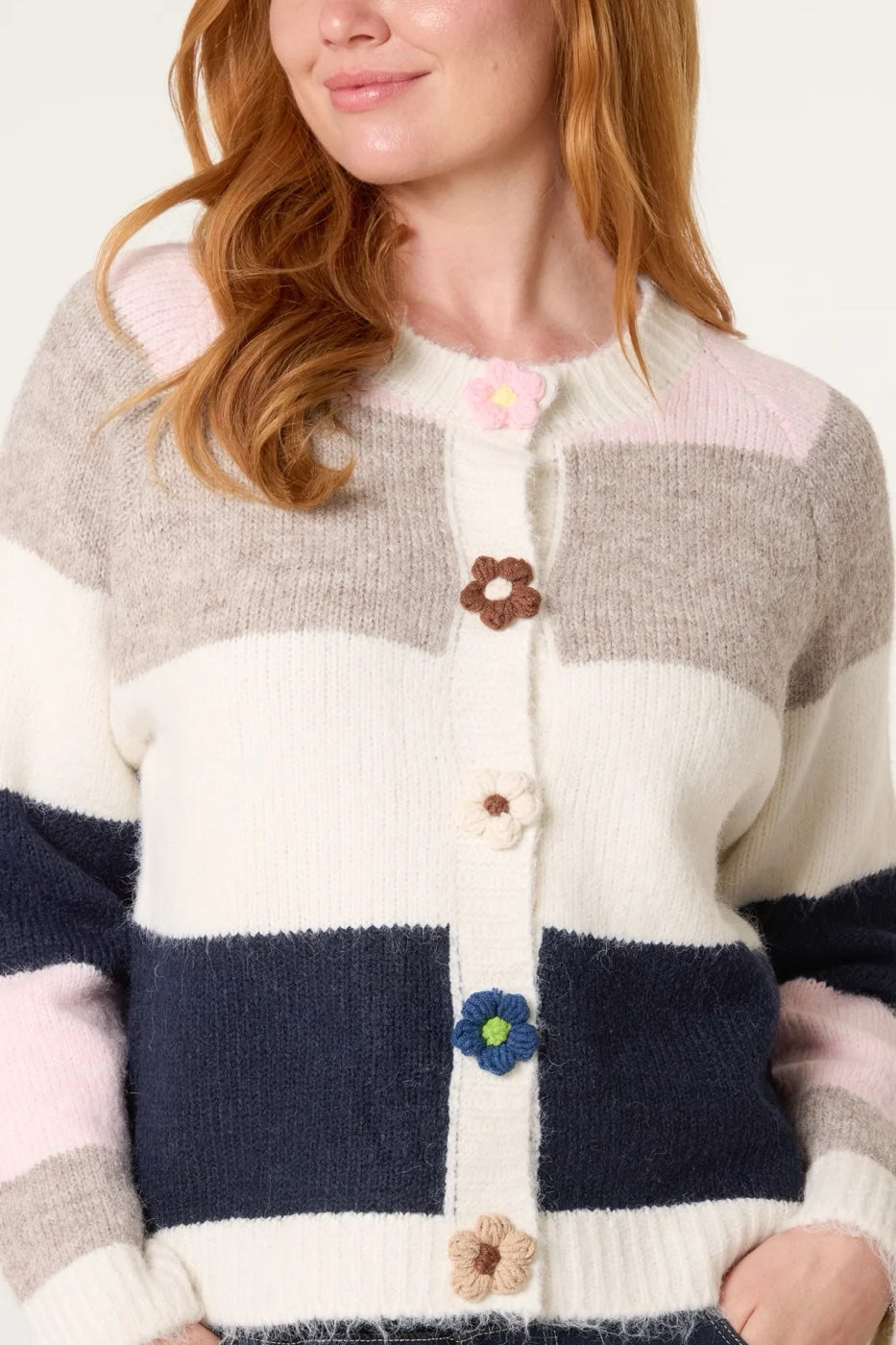 Striped Appliqué Button Cardigan - Navy