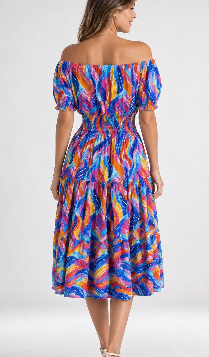 Vibrant Colour Wave Shirred Midi Dress - Cobalt Blue (2)