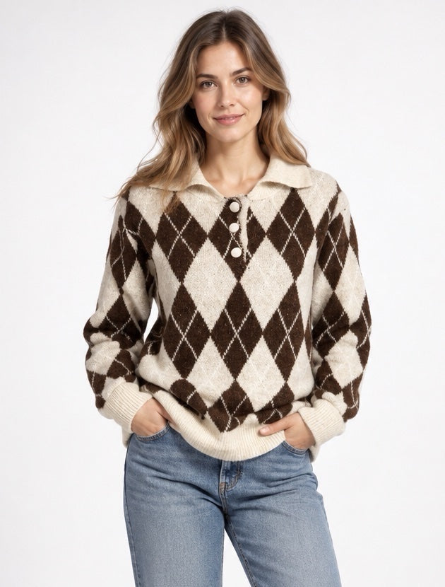 Argyle Collared Knit Jumper - Chocolate