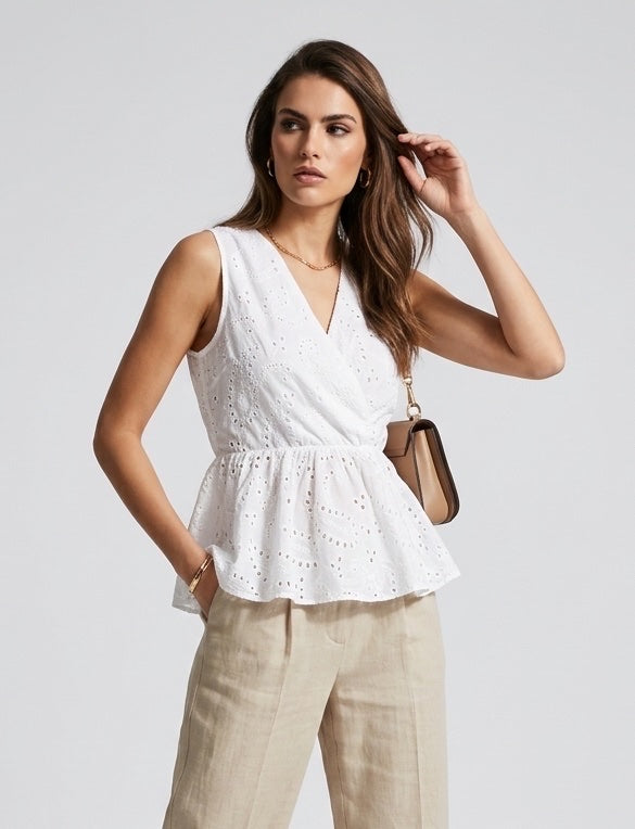 Embroidered Peplum Wrap Top - White