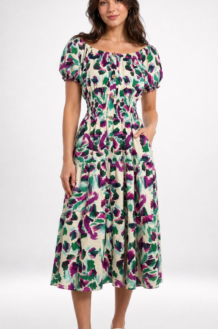 Abstract Colour Shirred Waist Tiered Dress - Mixed Pack