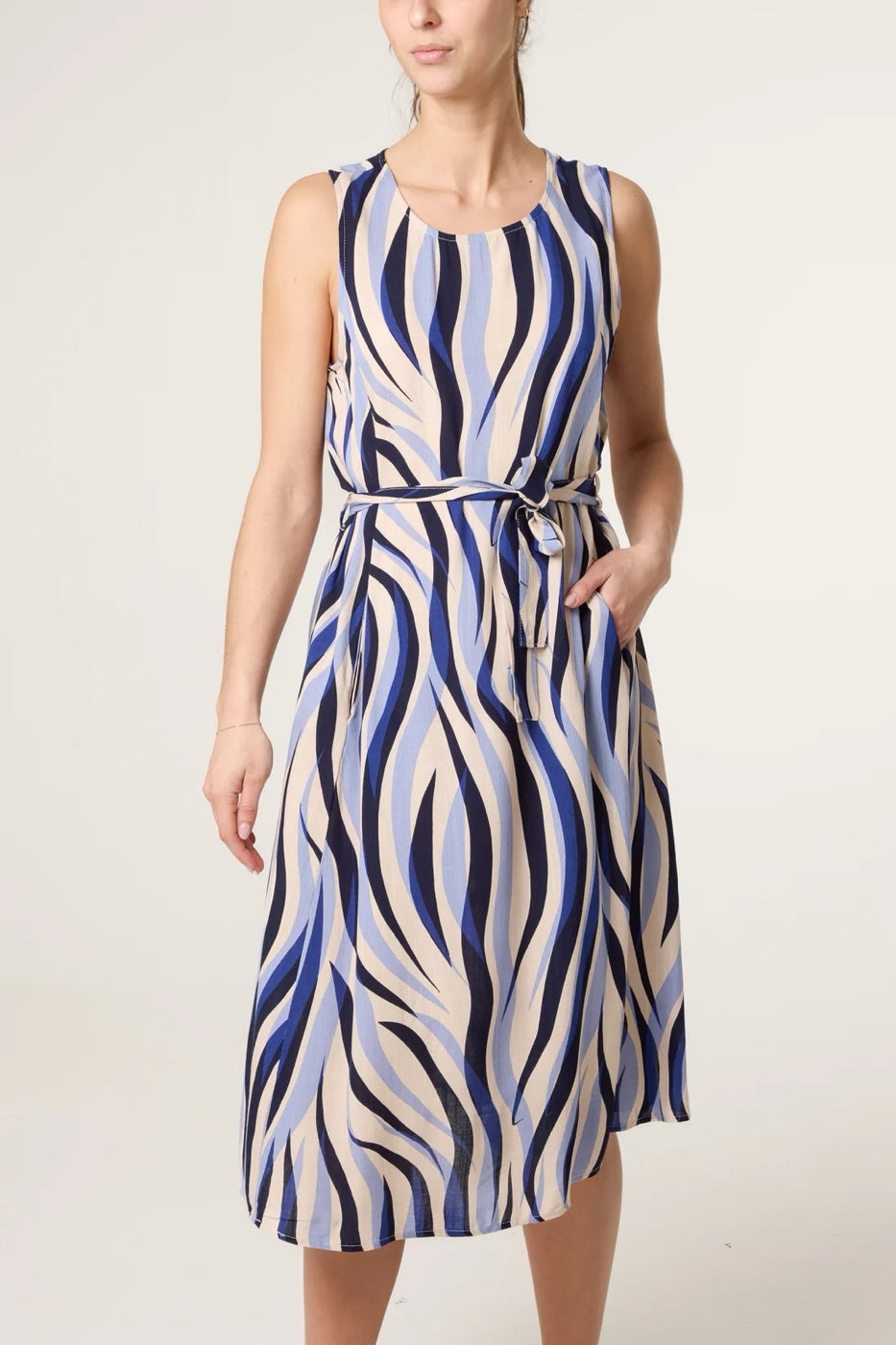 Abstract Print Tie-Waist Midi Dress - Cobalt Blue