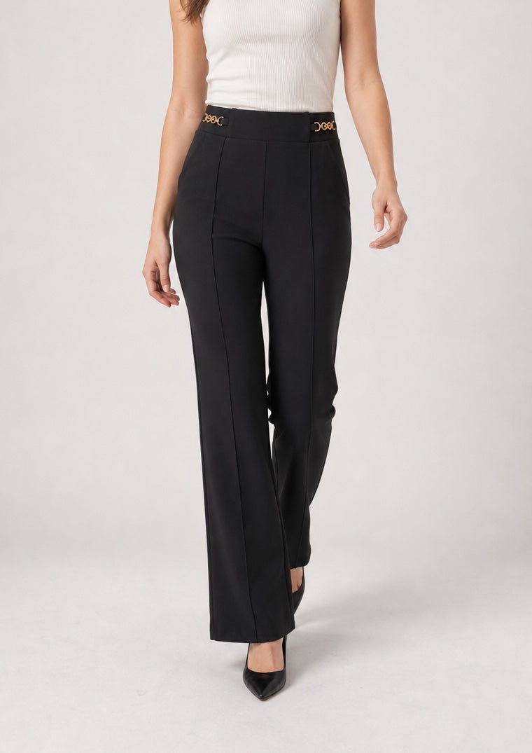 Wide-Leg Trousers with Chain Detail - Black