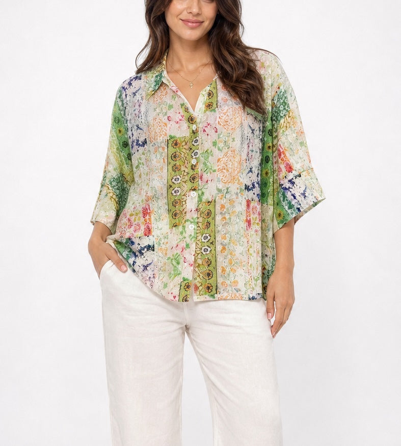 Patchwork Print Button-Front Blouse - Mixed Pack