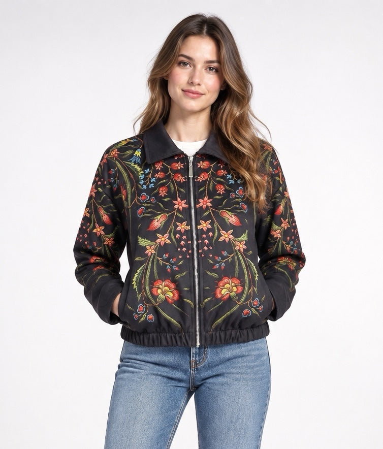 Embroidered Floral Bomber Jacket - Black