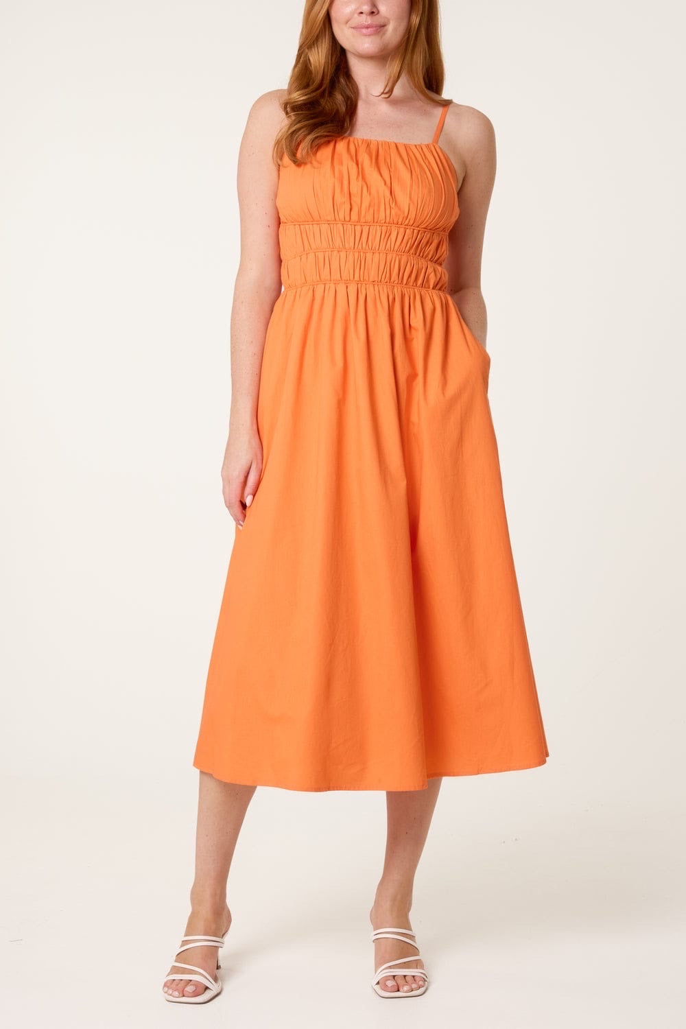 Shirred Bodice Midi Dress Tangerine  - Tangerine