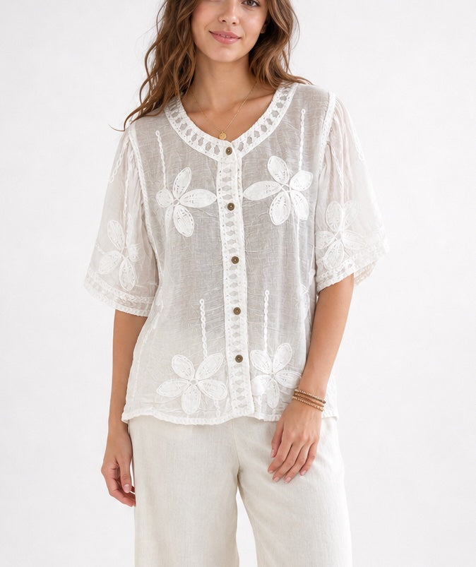 Embroidered Floral Button-Front Blouse - White