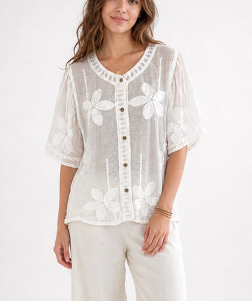 Embroidered Floral Button-Front Blouse - White