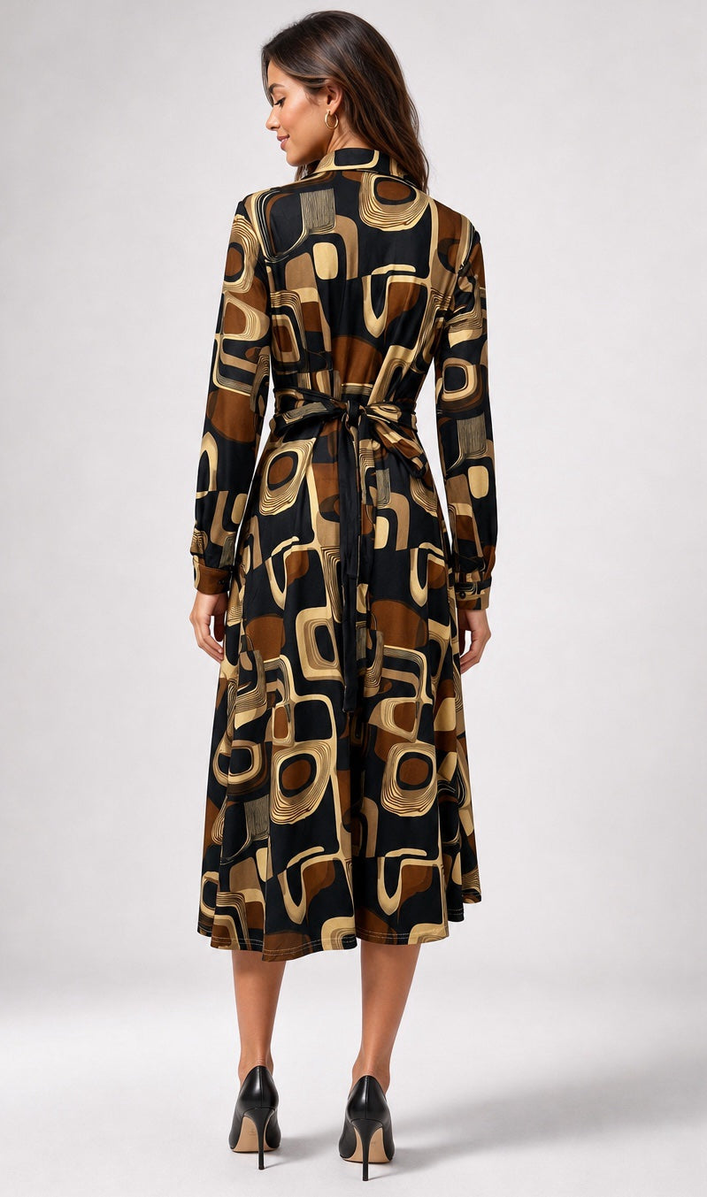 Geometric Print Belted Midi Shirt Dress - Black (2)