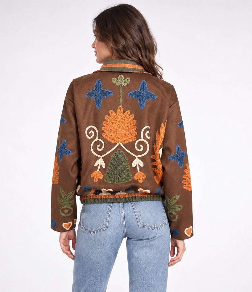 Embroidered Folk Bomber Jacket - Chocolate (2)