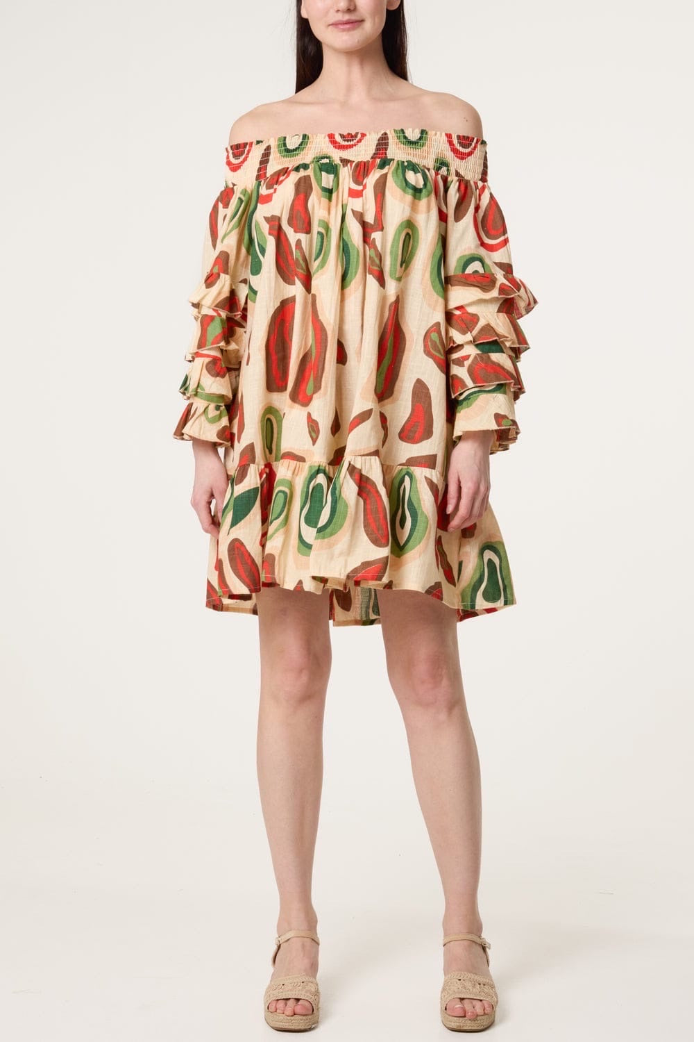 Ruffled Sleeve Off-the-Shoulder Mini Dress - Multi