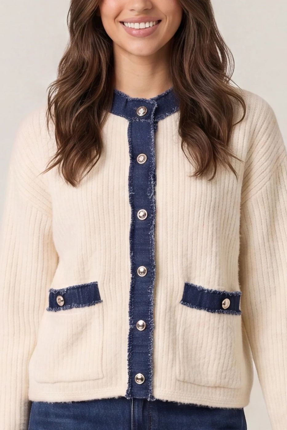 Denim Trim Ribbed Knit Cardigan - Ivory