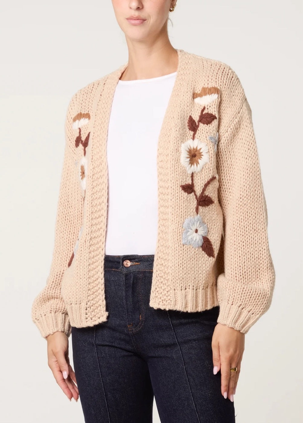 Embroidered Floral Knit Cardigan Stone - Beige