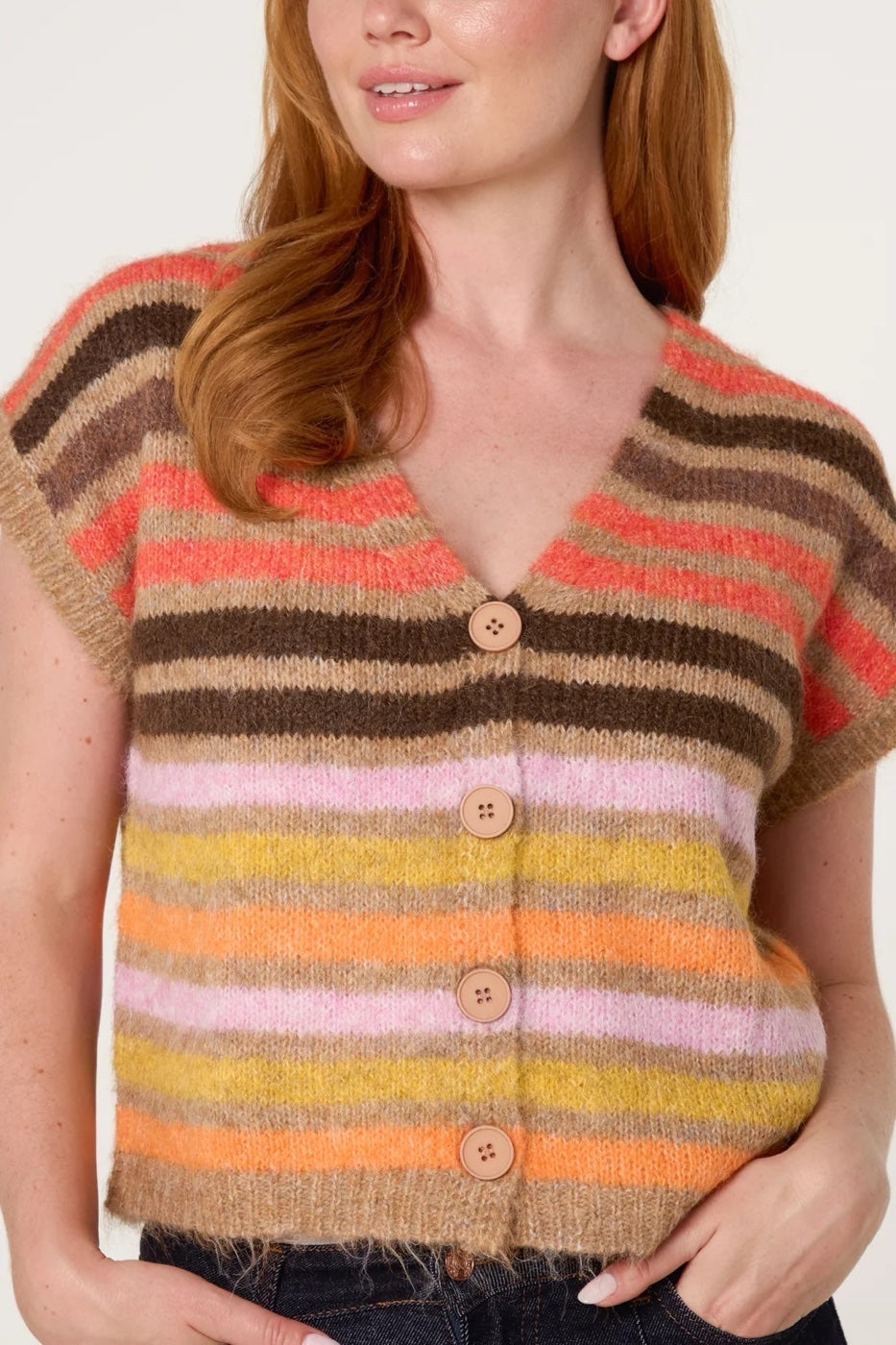Striped Knitted Sleeveless Cardigan - Mocha