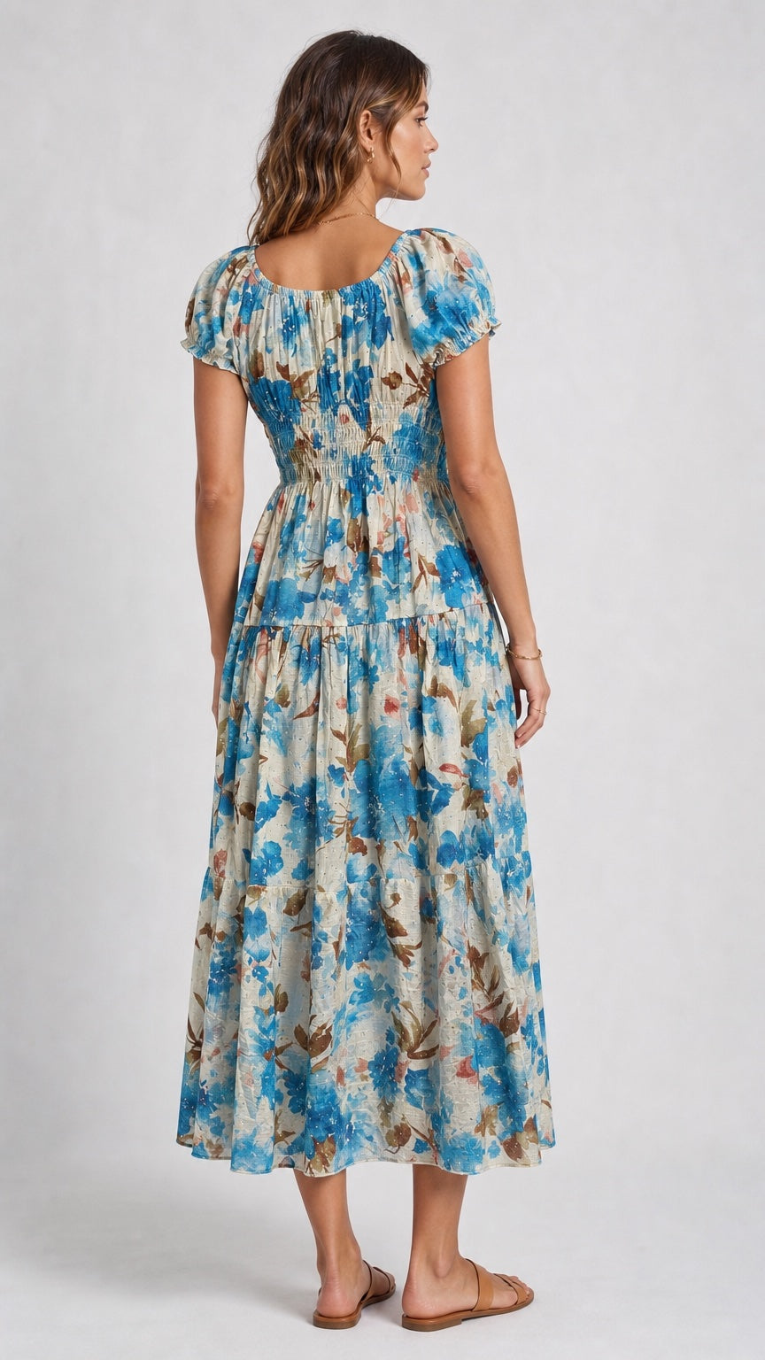 Blue Flower Shirred Bodice Midi Dress - Deep Sky Blue (2)