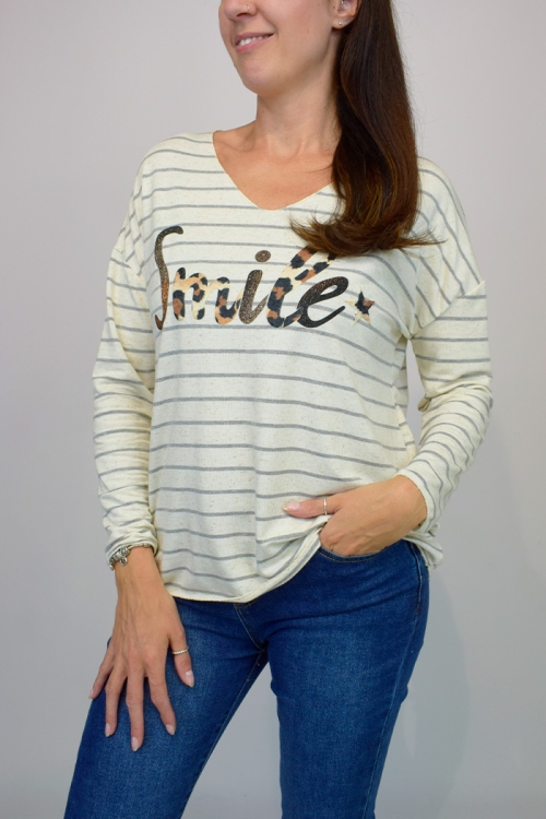 Marl Stripe Italian Smile Slogan Top