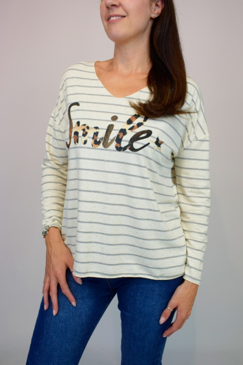 Marl Stripe Italian Smile Slogan Top