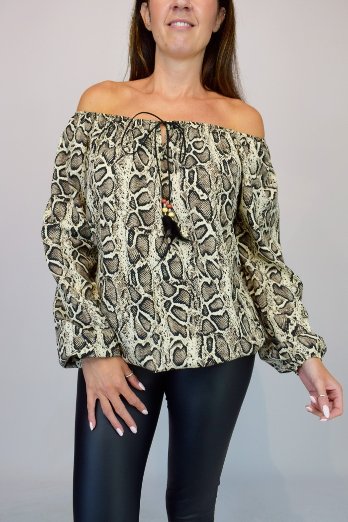 Animal Print Feather Tie Bardot Top