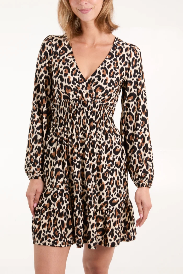 Animal Print V-Neck Shirred Dress