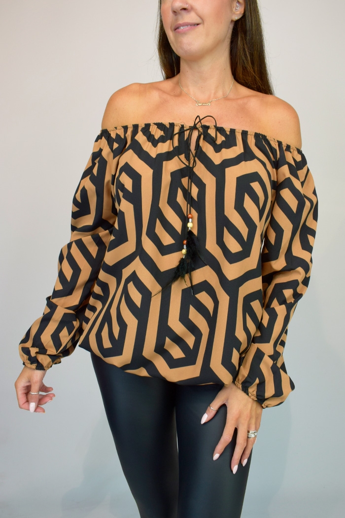 Big Geo Print Tie Front Bardot Top