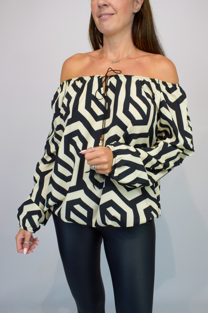 Big Geo Print Tie Front Bardot Top