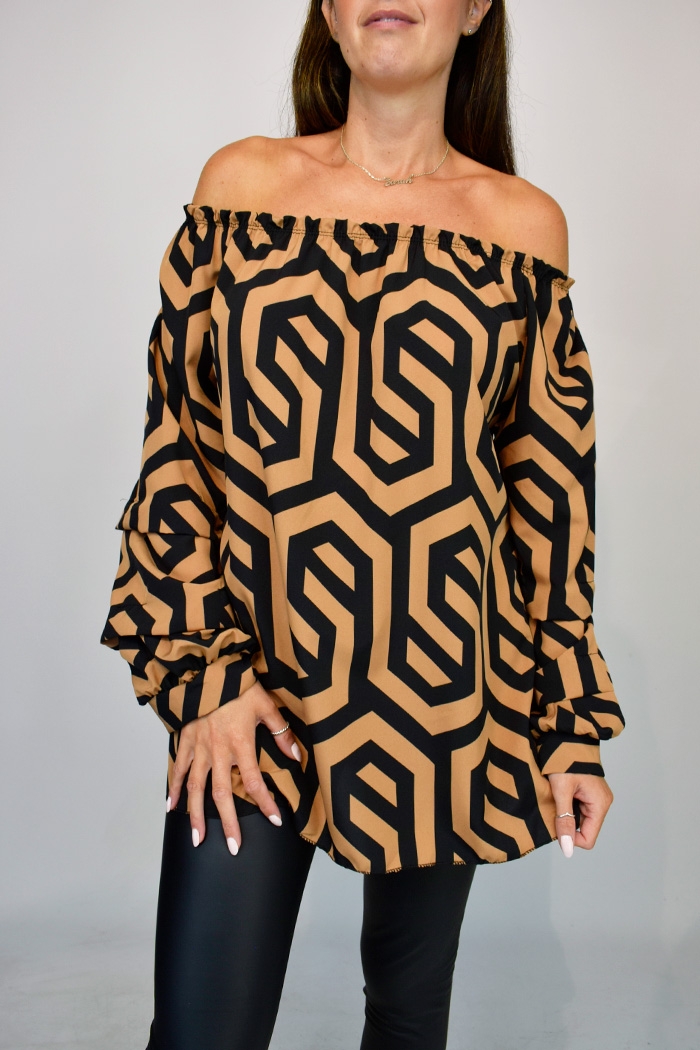 Geometric Print Ruffle Sleeve Bardot Top