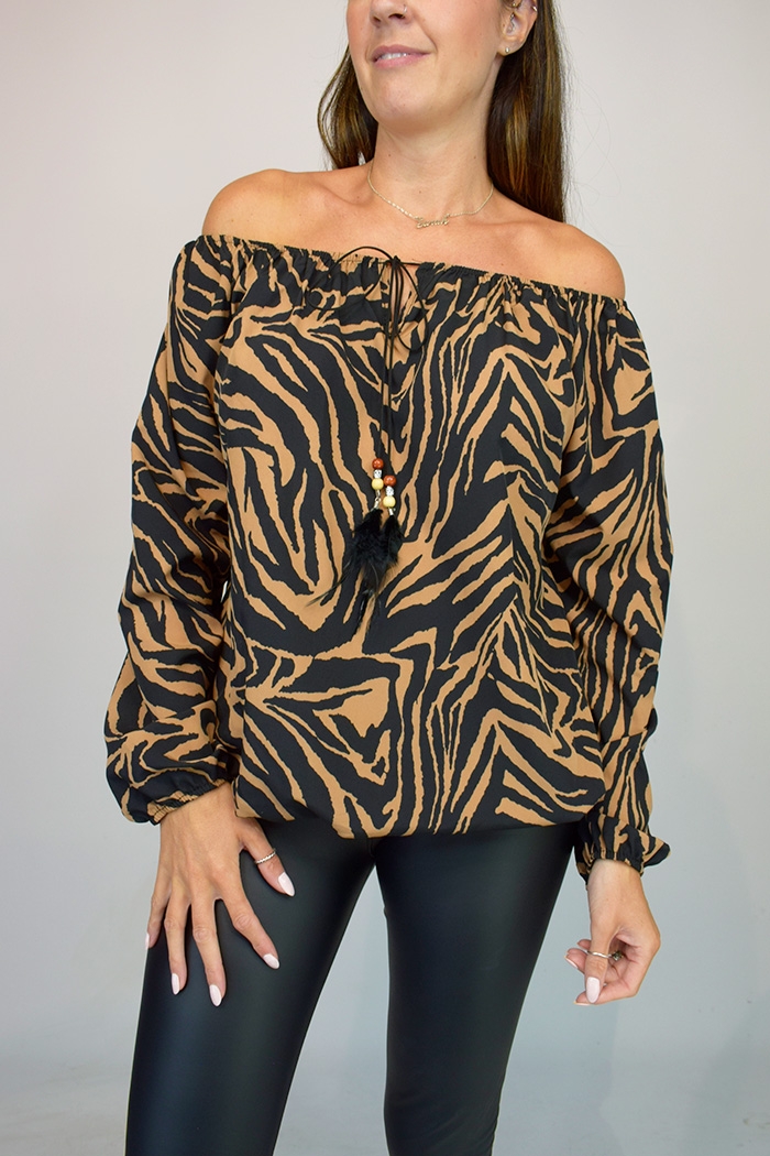 Animal Print Tie Front Bardot Top