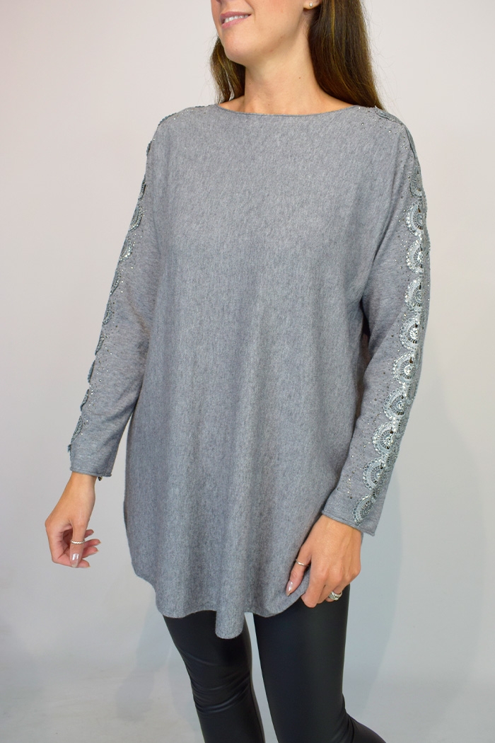 Embellished Lace Sleeve Italian Jumper