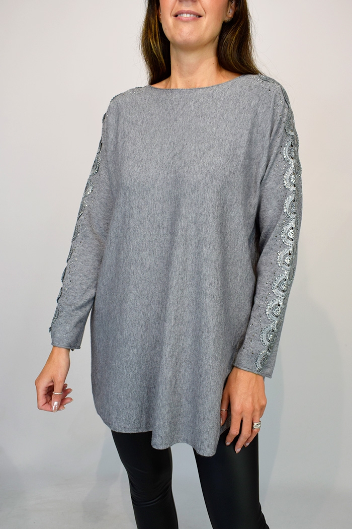 Embellished Lace Sleeve Italian Jumper