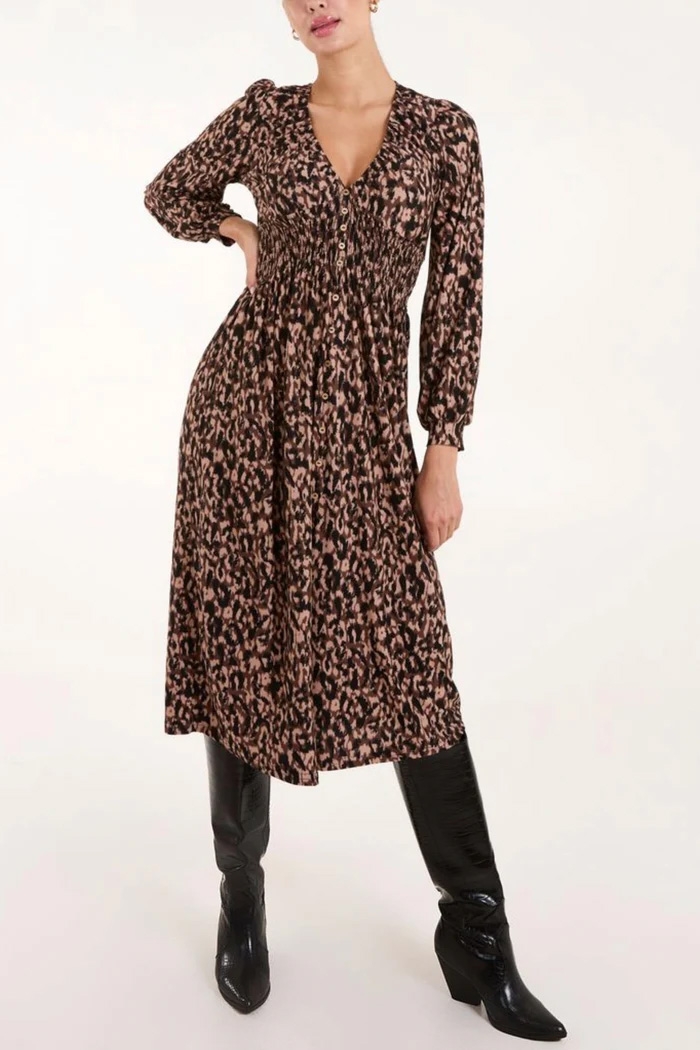 Button Front Animal Print Midi Dress