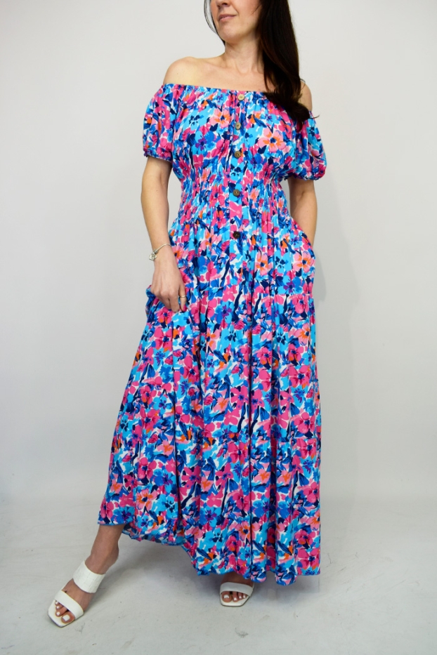 Coloured Flower Button Front  Pocket Maxi Dress