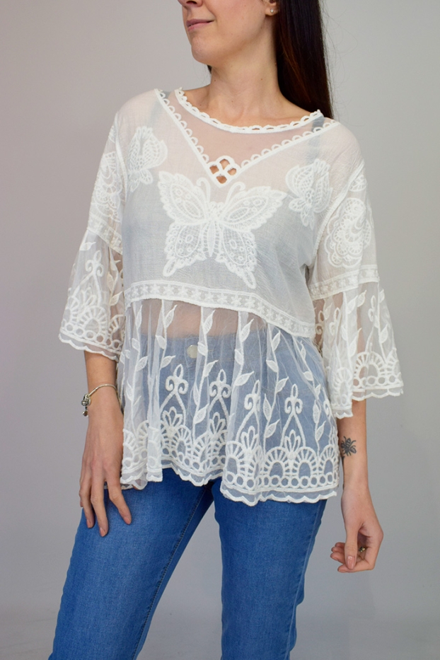 Lace Hem Embroidered Cotton Top