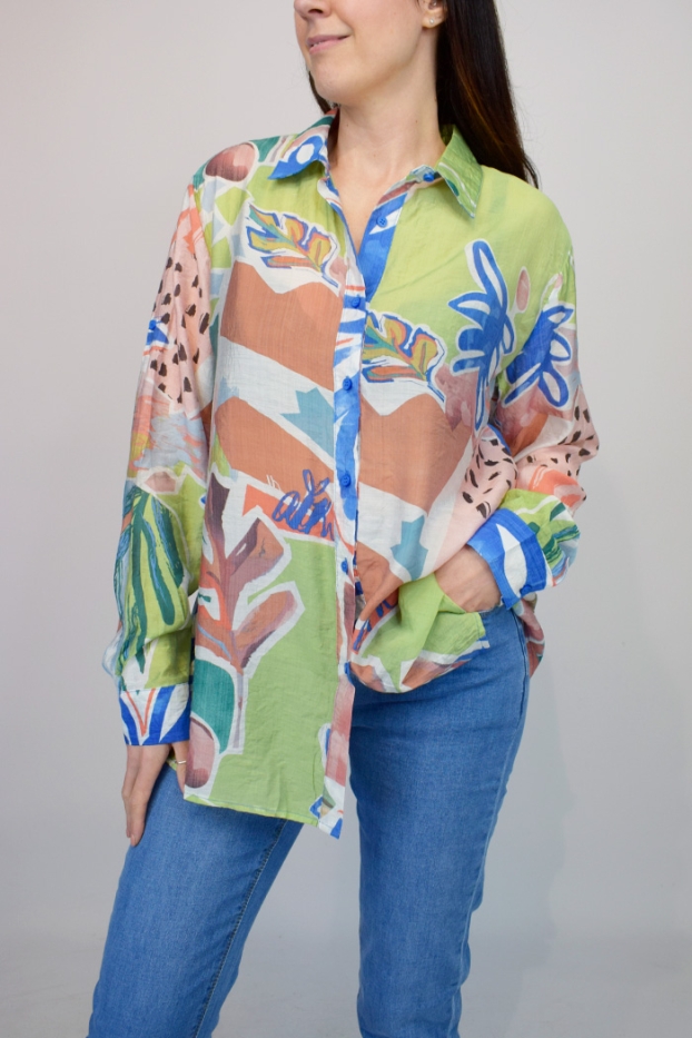 Abstract Flower Sheer Cotton Blouse