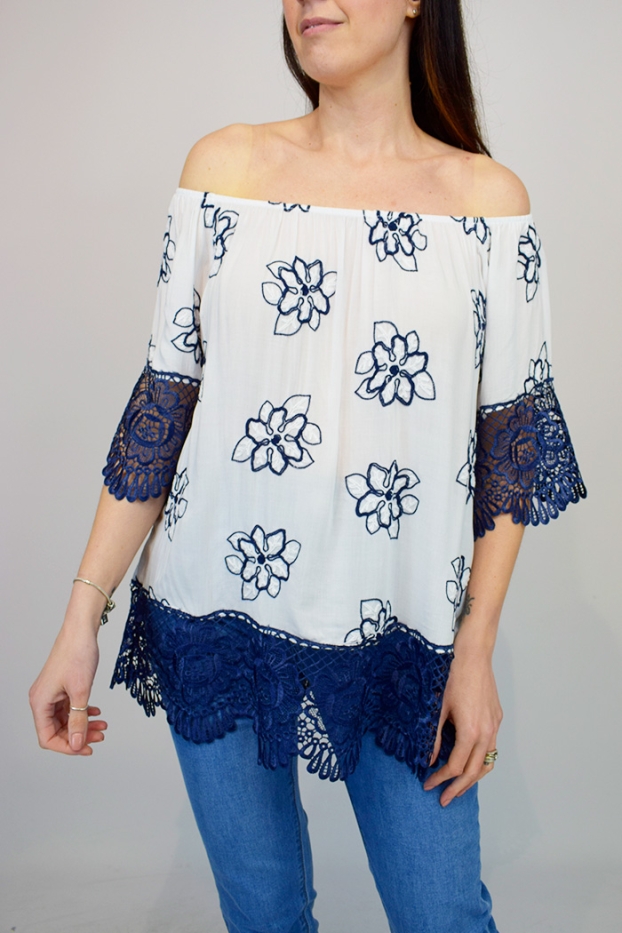 Navy Floral Embroidered Bardot Top